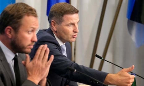 Estonia's Foreign Minister Margus Tsahkna, left, and Estonia's Defence Minister Hanno Pevkur attend a news conference in Tallinn, Estonia, Tuesday, Oct. 10, 2023.