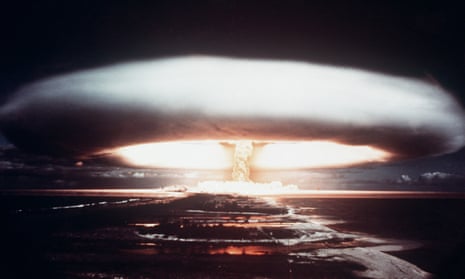 A 1971 French nuclear test explosion on Mururoa atoll in the southern Pacific Ocean. 