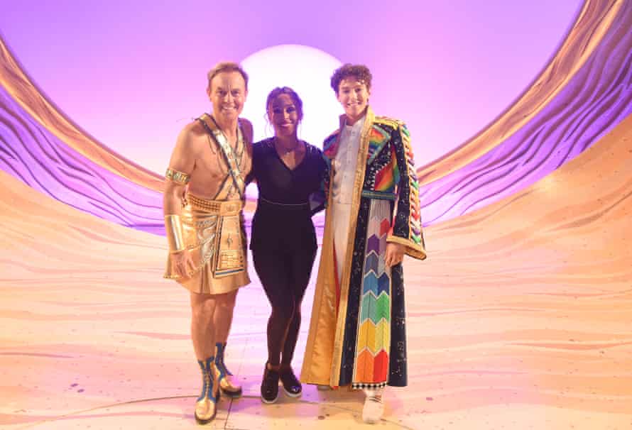 Jason Donovan (left), Alexandra Burke and Jac Yarrow backstage after the press night performance of Joseph and the Amazing Technicolor Dreamcoat on 28 July 2021 at the London Palladium