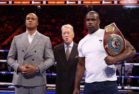 Fabio Wardley (left) and Daniel Dubois (right) pose with promoter Frank Warren after their WBO heavyweight title rematch was announced for 17 October at the O2 Arena.