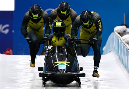 Jamaica’s Shanwayne Stephens, Ashley Watson, Rolando Reid and Matthew Wekpe in action during the 4-man bobsleigh heats at the 2022 Beijing Winter Olympics where they went out after their third run.