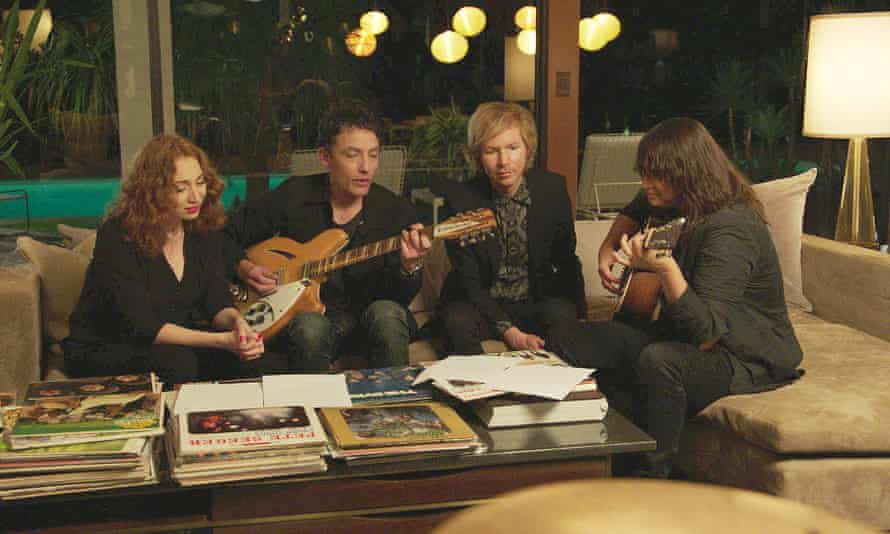 A still from the 2018 music documentary Echo in the Canyon, with from left, Spektor, Jakob Dylan, Beck, and Chan Marshall (aka Cat Power).