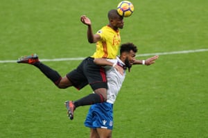 Watford’s Christian Kabasele of Watford wins a header over Maxim Choupo-Moting of Stoke. Stoke sealed the three points thanks to Darren Fletcher’s strike at Vicarage Road.