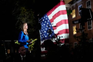 Members of the media work ahead of an election night campaign watch party for Democratic presidential nominee Kamala Harris on the campus of Howard University in Washington