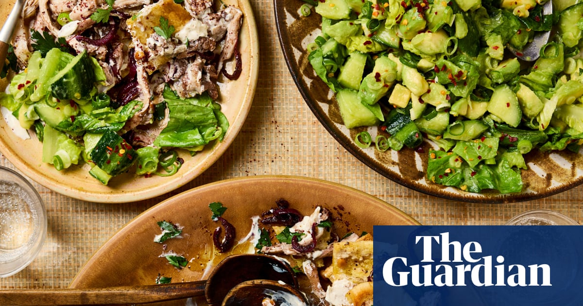 Sumac roast chicken and bread bake: Sami Tamimi’s fattet musakhan with cucumber avocado salad – recipe