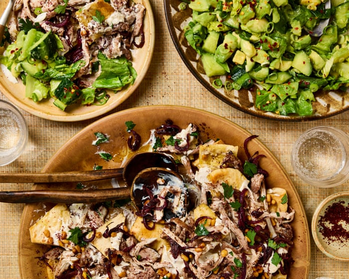 Sumac roast chicken and bread bake: Sami Tamimi’s fattet musakhan with cucumber avocado salad – recipe