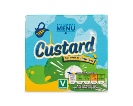 A blue and yellow carton of ready to serve custard shows a jug pouring custard