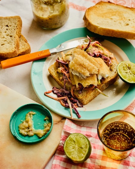 Alexina Anatole’s spicy fish sando with gooseberry ketchup.