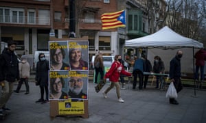 Electoral posters with portraits of candidates for the upcoming regional election in Barcelona, Spain
