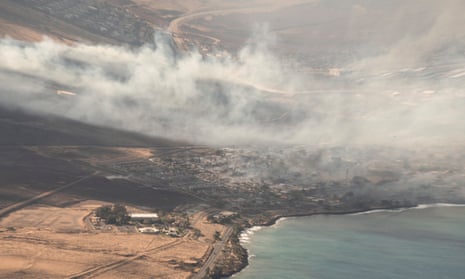 An arial view of Lahaina, Hawaii amid a large wildfire which has killed six people and forced evacuations on the island of Maui in Hawaii, USA, 9 August 2023.