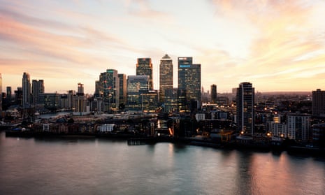 The aerial view over Canary Wharf in London