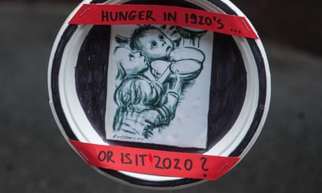 Paper plates attached to the Department for Education building during a protest to demand free school meals for disadvantaged children during school holidays, 29 October 2020 in London, England.