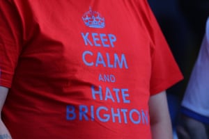 A Crystal Palace fan with a t-shirt saying ‘Keep calm and hate Brighton’