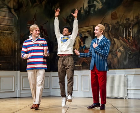 Joe Bolland as Guildenstern, Hiran Abeysekera as Hamlet and Hari Mackinnon as Rosencrantz in Hamlet at the National Theatre.