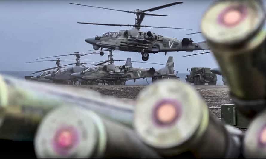 A Russian KA-52 helicopter gunship takes off for a mission at an undisclosed location in Ukraine.