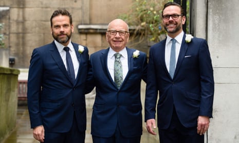 Rupert Murdoch flanked by his sons Lachlan (left) and James (right). Lachlan will take over as Fox and News Corp chair.