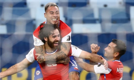 Ben Brereton celebrates with his teammates after scoring on his full debut for Chile.