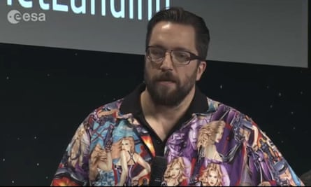 Matt Taylor replaced Schulz as Rosetta mission’s lead scientist. Above, in his controversial shirt, during a video livestream at the ESA on 12 November 2014.