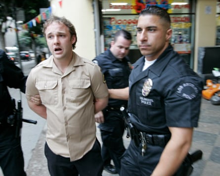 Actor Brad Renfro is handcuffed by LAPD officers after being arrested in 2005.