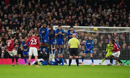 Bruno Fernandes curls in Manchester United’s third goal from a free-kick.