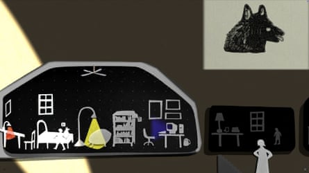 a side view of a house, a child’s bedroom, an adult standing outside with hands on hips. In the corner, an image of a dog’s head.