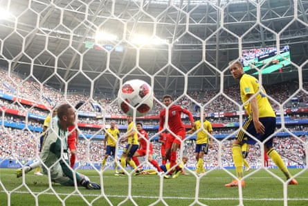Harry Maguire heads England’s first extremity past Robin Olsen of Sweden during their 2018 World Cup quarter-final