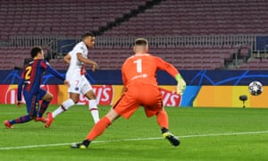 Kylian Mbappe of Paris Saint-Germain scores his side’s second goal.