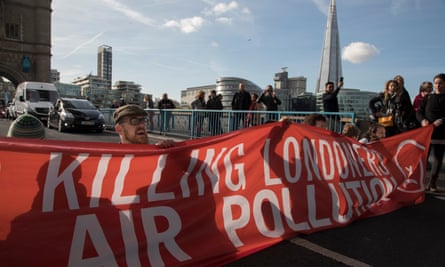 An air pollution protest on Tower Bridge, London.