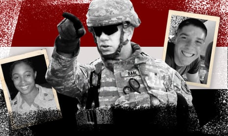 photos of three veterans in a collage over a red, white and black background