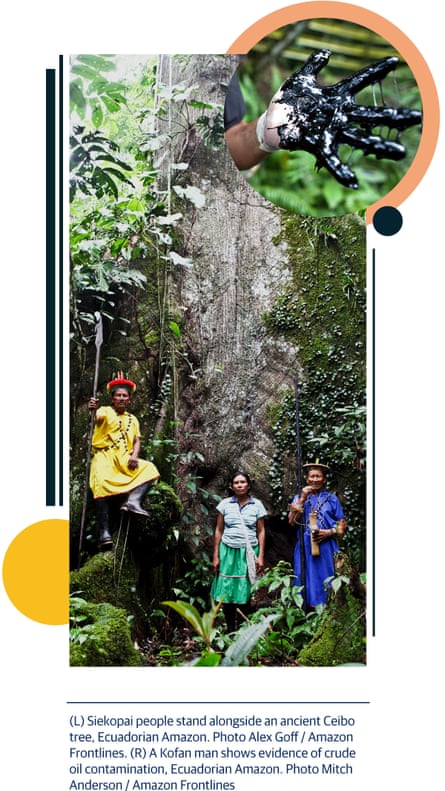 (L) Siekopai people stand alongside an ancient Ceibo tree, Ecuadorian Amazon. Photo Alex Goff / Amazon Frontlines. (R) A Kofan man shows evidence of crude oil contamination, Ecuadorian Amazon. Photo Mitch Anderson / Amazon Frontlines