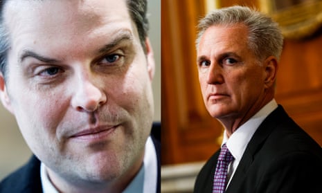 Florida representative Matt Gaetz (left) reportedly pushed to remove McCarthy (right) in retaliation for the House ethics investigation.