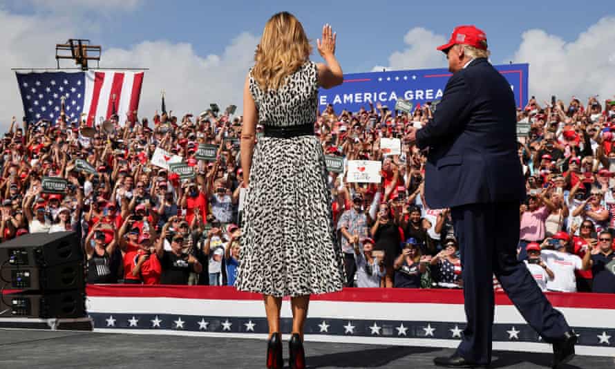 Melania Trump joins her husband at his campaign rally outside Raymond James Stadium, in Tampa, Florida, on Thursday.