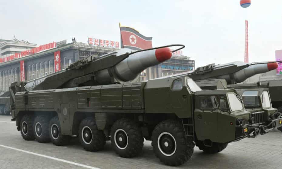 A North Korean state news agency photograph said to show a Musudan missile system during a military parade.