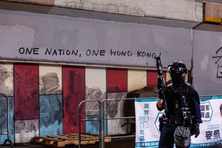 “One Nation, One Hong Kong” graffiti left behind by protesters on a wall in Hong Kong - 24 May 2020