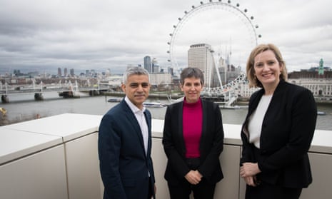 Cressida Dick (centre) with Sadiq Khan and Amber Rudd, the home secretary, following her appointment as the next commissioner of the Metropolitan police.