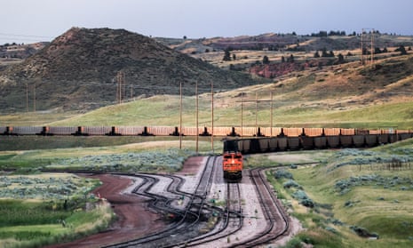 A train loaded with newly mined coal near Gillette, Wyoming.