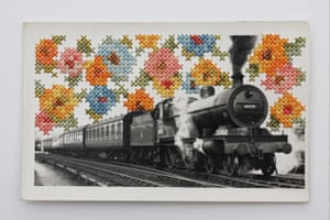 Train surrounded by embroidered flowers