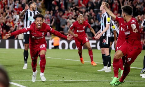 Liverpool’s Fabio Carvalho celebrates after scoring their last minute winner.