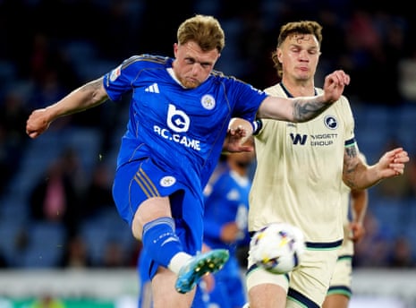 Leicester City’s Harry Souttar shoots under pressure from Millwall’s Jake Cooper during the 1-1 draw fought out between the two sides at the King Power Stadium last night.
