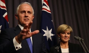 Prime minister designate Malcolm Turnbull and Julie Bishop at a press conference in the Blue Room of Parliament House in Canberra this evening, Monday 14th September 2015. 