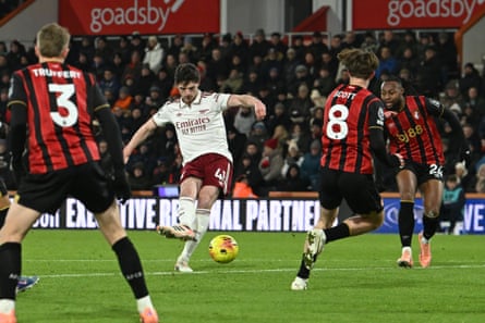 Declan Rice scores Arsenal’s second goal against Bournemouth.