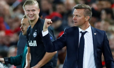 Jesse Marsch, then coach at RB Salzburg, celebrates their second goal at Anfield in 2019 as FC Salzburg's Erling Haaland prepares to come on as a substitute