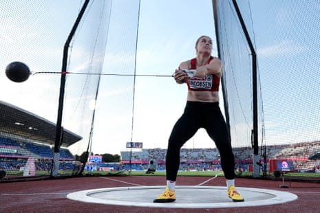 Katrine Koch Jacobsen of Denmark competes in the women’s hammer throw qualification.