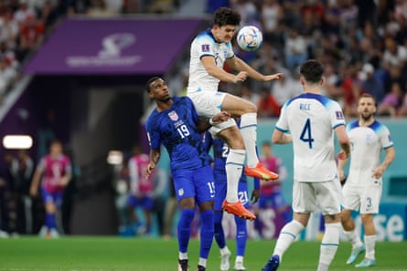 England's Harry Maguire beats Haji Wright of the United States to a header during their goal-less group game.