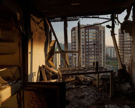 An apartment is seen damaged after a Russian attack on residential neighbourhood in Kyiv, Ukraine.