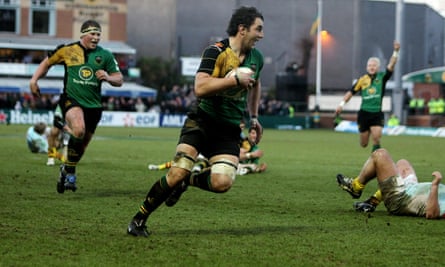 Phil Dowson scores for Northampton against Perpignan in January 2010.