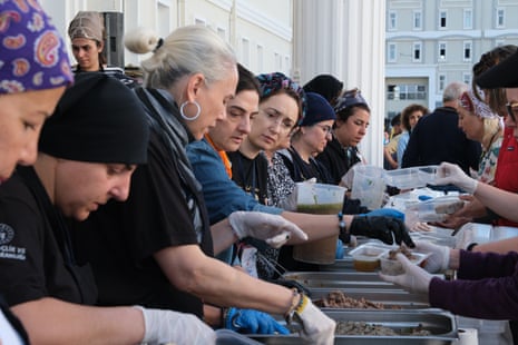 A soup kitchen prepares food for people hit by February’s earthquake.