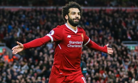 Mohamed Salah celebrates scoring his second goal for Liverpool against Southampton at Anfield.