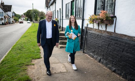 Emma Holland-Lindsay campaigns with the Lib Dem leader, Ed Davey, in Silsoe, Bedfordshire.
