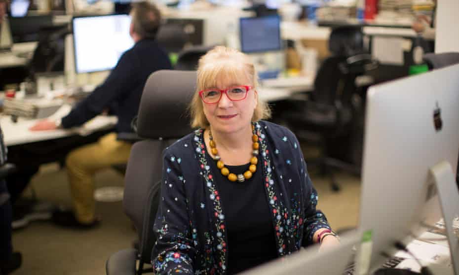 Polly Toynbee at her desk in the Guardian offices, London